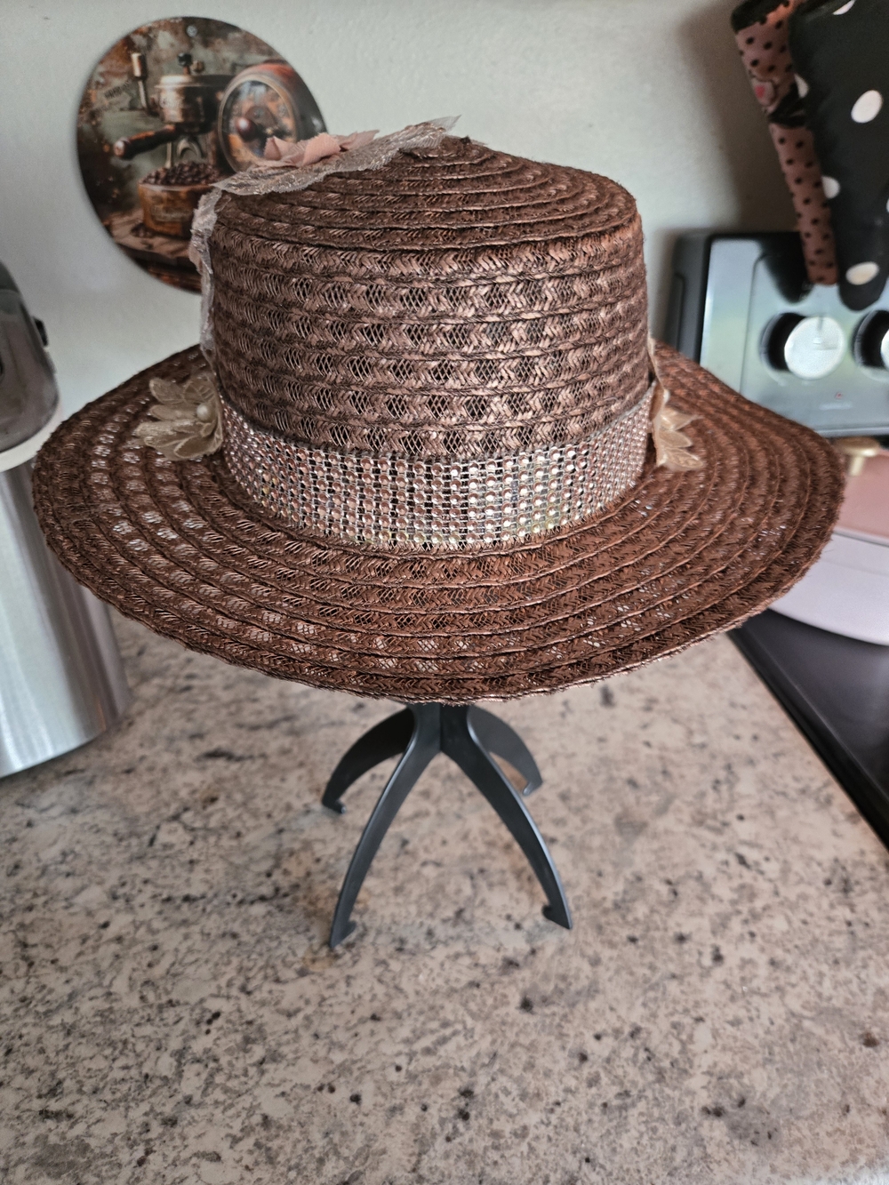 Rose Gold Straw Wide-Brim Women's Hat with Decorative Band